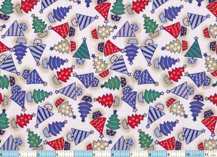 Trees Blue Red on White Fabric
